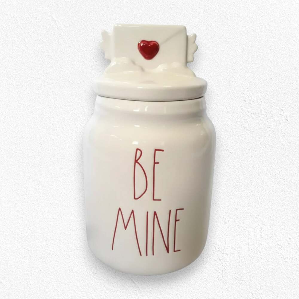 Rae Dunn Be Mine Red White Hearts Lidded Ceramic Canister Container Cookie Jar